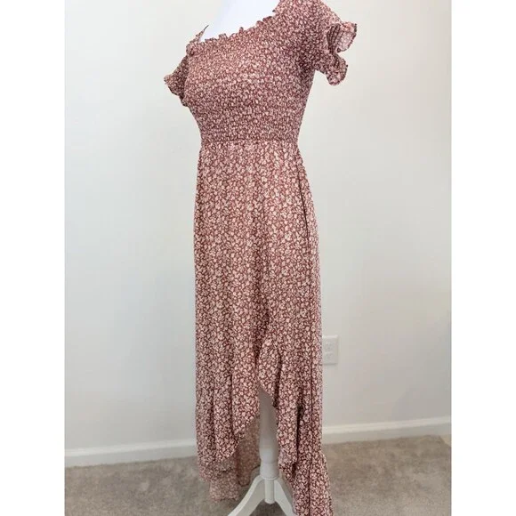 Mi Ami Womens Small Floral Smocked Midi Dress Rust Red White Off Shoulder Boho - Picture 4 of 9